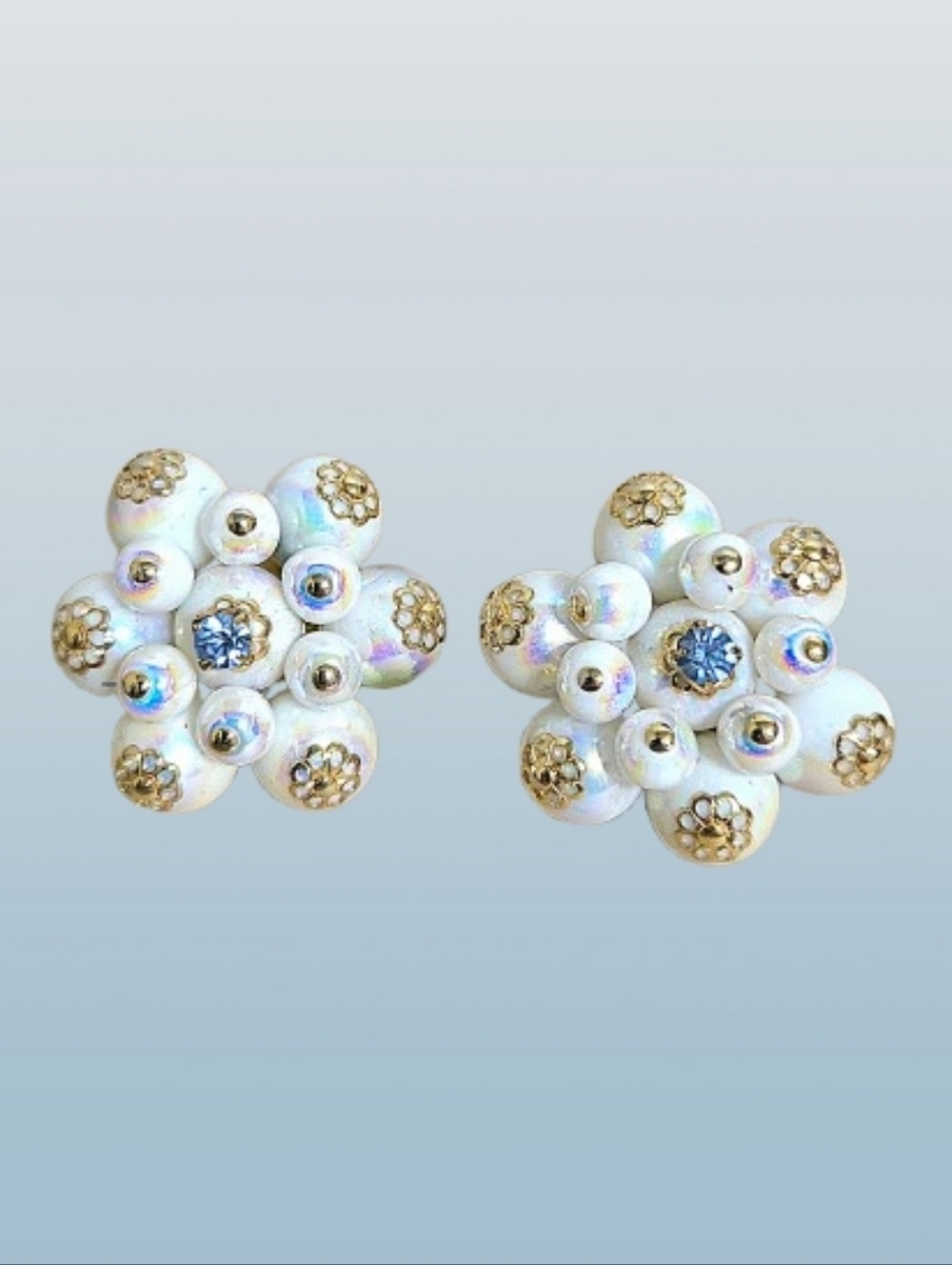 Vintage White, Gold, And Blue Floral Clip Earrings